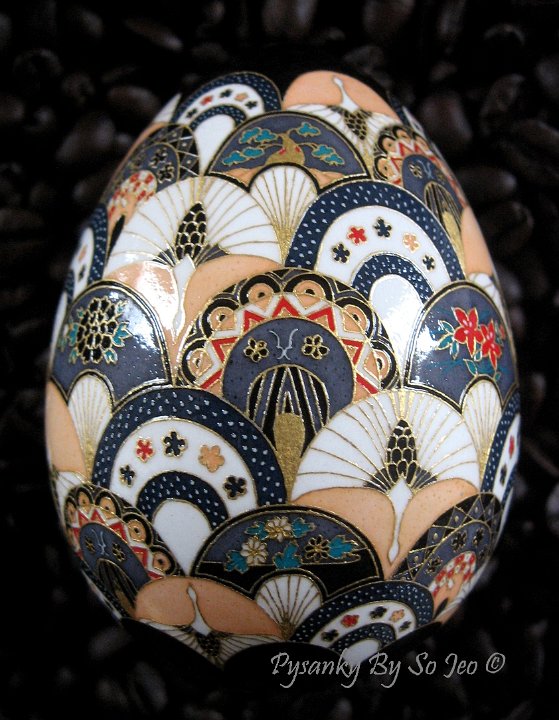 Cranes and Fans ChiyogamiUkrainian Style Easter Egg Pysanky by So Jeo